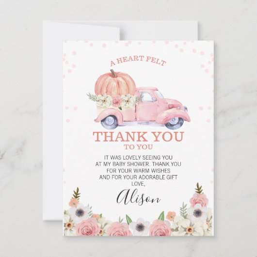 Roze pomkin Truck Baby shower Hartelijk dank Kaart (Voorkant)
