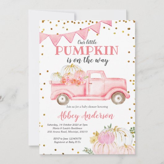 Roze pomkin Truck Girl Baby shower Invitation Kaart (Voorkant)