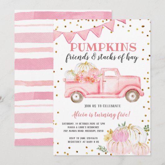 Roze pomkin Truck Girl Birthday Invitation Kaart (Voorkant / Achterkant)