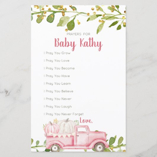 Roze pomkin Truck Love Prayers for Baby Sign (Voorkant)