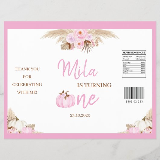 Roze pompoen 1e verjaardag Chip Bag Wrapper Flyer (Voorkant)