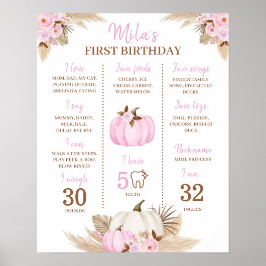 Roze pompoen 1e verjaardag mijlpaal teken poster (Voorkant)