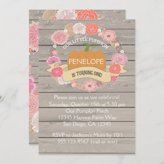 Roze pompoen 1e verjaardagsfeest uitnodiging (Voorkant / Achterkant)