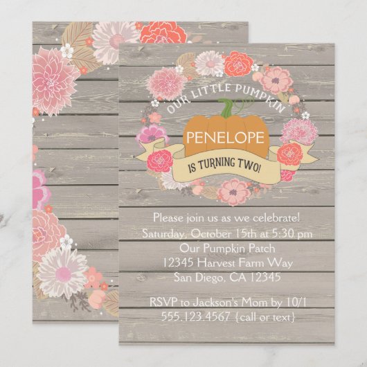 Roze pompoen 2e verjaardag van de uitnodiging van  (Voorkant / Achterkant)