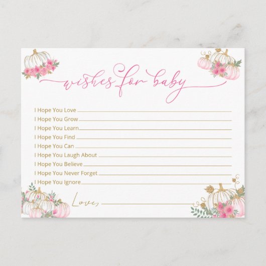 Roze Pompoen Baby shower Wishes voor Baby Kaart (Voorkant)