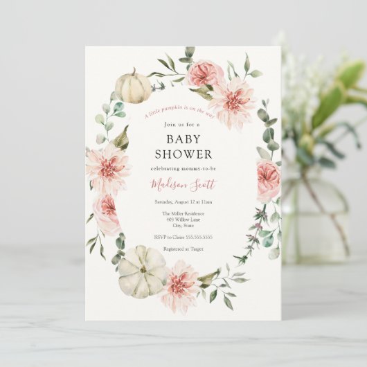 Roze Pompoen Bloemen en groen Baby shower Kaart (Staand voorkant)