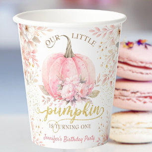 Roze Pompoen Bloemen Goud Glitter Meisje 1e Verjaa Papieren Bekers