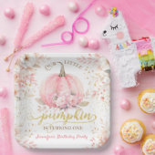 Roze Pompoen Bloemen Goud Glitter Meisje 1e Verjaa Papieren Bordje (Feest)