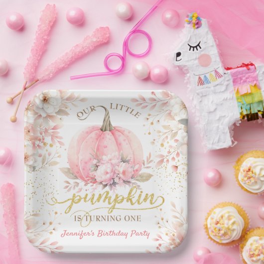 Roze Pompoen Bloemen Goud Glitter Meisje 1e Verjaa Papieren Bordje (Feest)