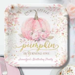 Roze Pompoen Bloemen Goud Glitter Meisje 1e Verjaa Papieren Bordje