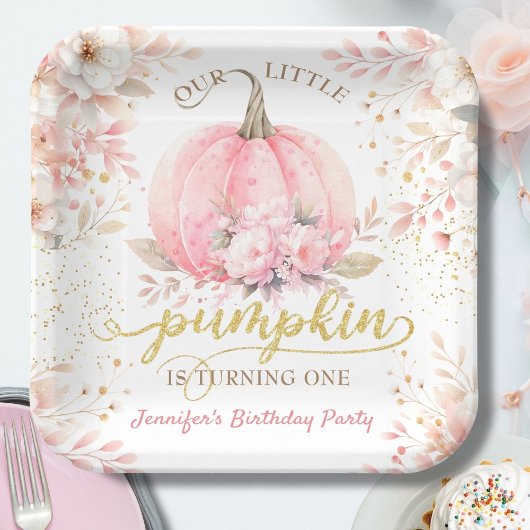 Roze Pompoen Bloemen Goud Glitter Meisje 1e Verjaa Papieren Bordje