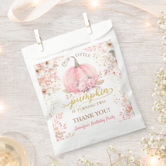 Roze Pompoen Bloemen Goud Glitter Meisje 2e Verjaa Bedankzakje (Geknipt)