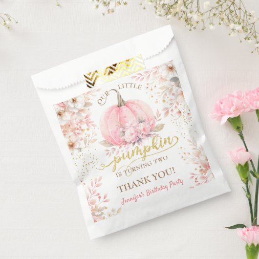 Roze Pompoen Bloemen Goud Glitter Meisje 2e Verjaa Bedankzakje (Gezegeld)