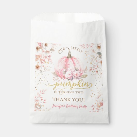 Roze Pompoen Bloemen Goud Glitter Meisje 2e Verjaa Bedankzakje (Voorkant)
