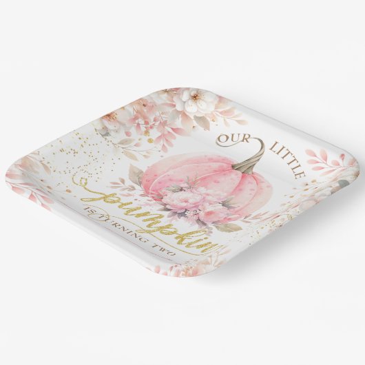 Roze Pompoen Bloemen Goud Glitter Meisje 2e Verjaa Papieren Bordje (Gebogen)