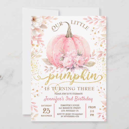 Roze Pompoen Bloemen Goud Glitter Meisje 3e Verjaa Kaart (Voorkant)