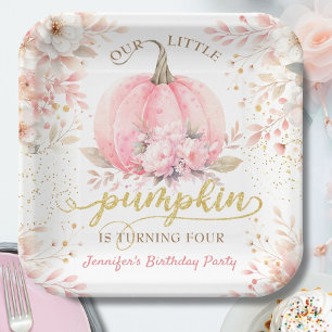 Roze Pompoen Bloemen Goud Glitter Meisje 4e Verjaa Papieren Bordje