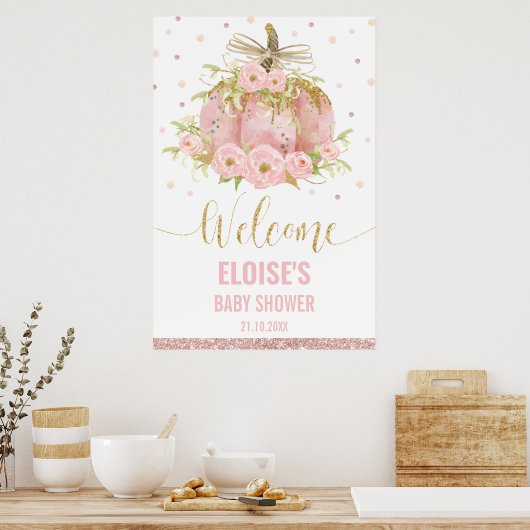 Roze Pompoen Bloemen Meisje Baby shower Welkomstbo Poster (Keuken)