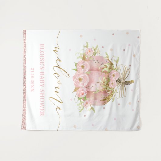 Roze Pompoen Bloemen Meisje Baby shower Welkomstbo Wandkleed (Voorkant (horizontaal))