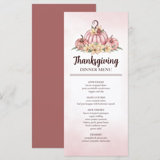 Roze Pompoen Bloemen Thanksgiving Menu (Voorkant / Achterkant)