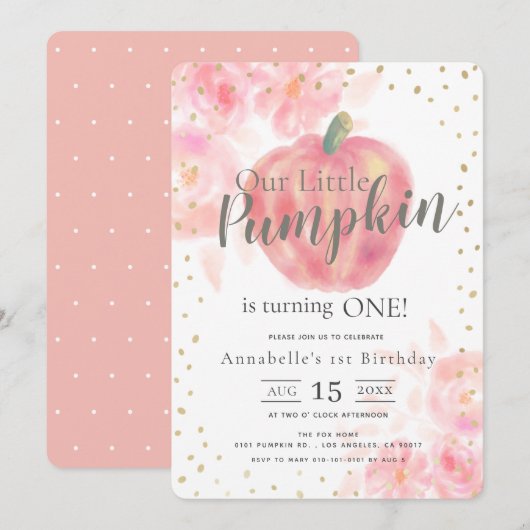 Roze Pompoen & Bloemen Waterverf Meisje 1e Verjaar Kaart (Voorkant / Achterkant)