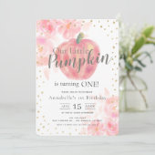 Roze Pompoen & Bloemen Waterverf Meisje 1e Verjaar Kaart (Staand voorkant)