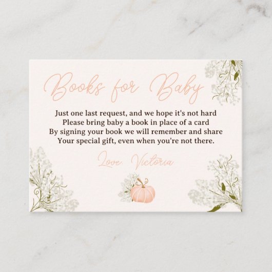 Roze pompoen bloemenboeken voor baby shower informatiekaartje (Voorkant)