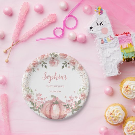 roze pompoen bloemenmeisje Baby shower Papieren Bordje (Feest)