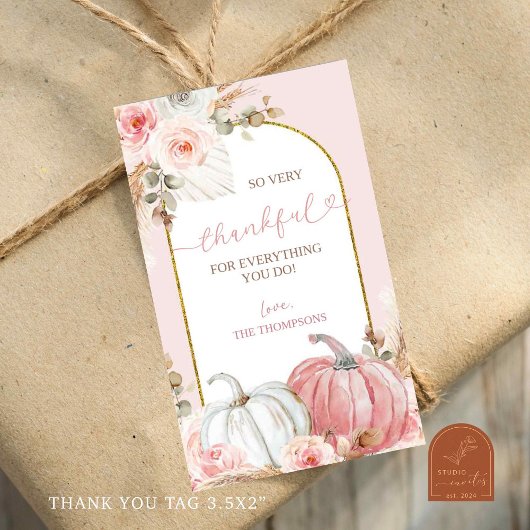 Roze Pompoen Bloemige Bedank Tag Cadeaulabel
