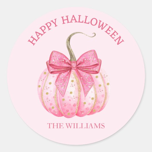 Roze pompoen boog Happy Halloween gepersonaliseerd Ronde Sticker (Voorkant)