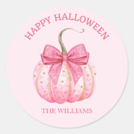 Roze pompoen boog Happy Halloween gepersonaliseerd Ronde Sticker
