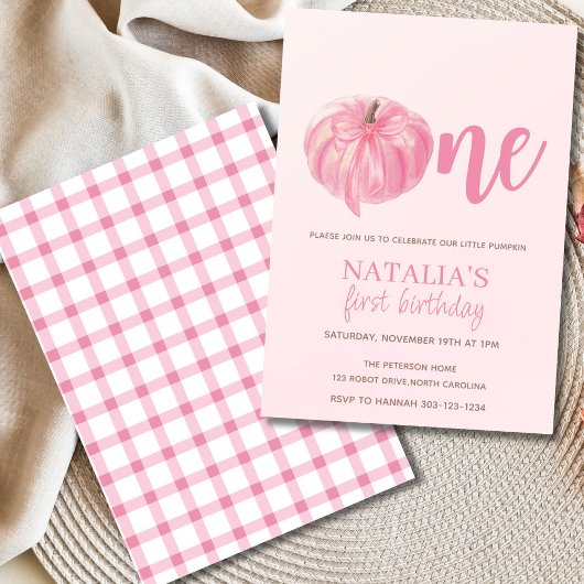 Roze pompoen boog meisje eerste verjaardag kaart