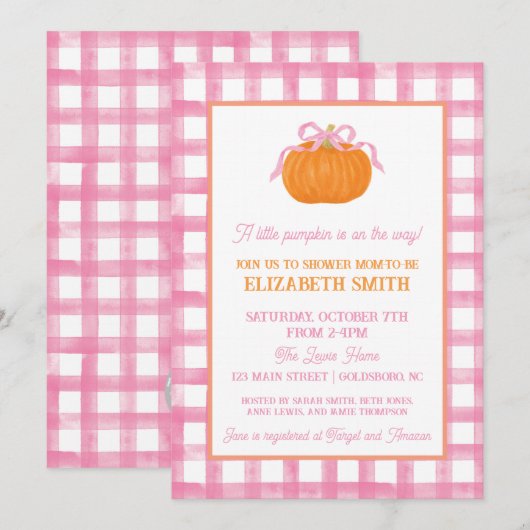 Roze Pompoen Bow Baby shower Invitation Kaart (Voorkant / Achterkant)