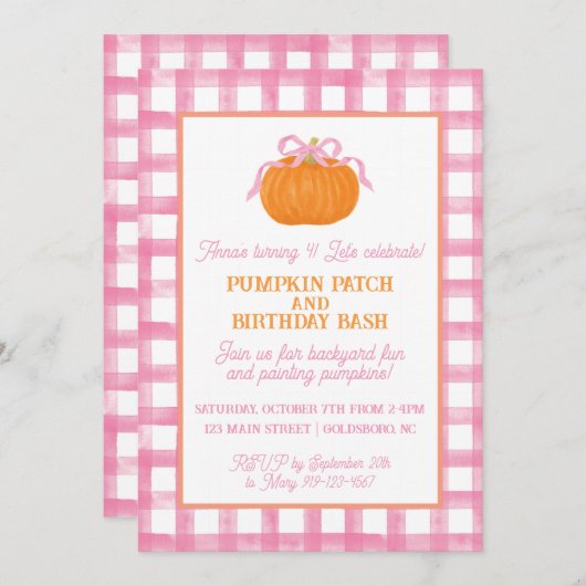 Roze Pompoen Bow Verjaardag Uitnodiging (Voorkant / Achterkant)