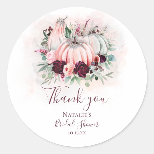 Roze Pompoen & Burgundy Bloemen Bedankt Ronde Sticker (Voorkant)