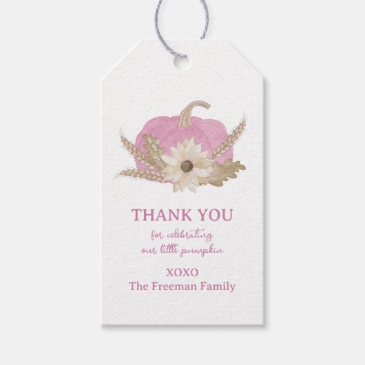 Roze pompoen cadeautag voor babyfeestje cadeaulabel (Voorkant)