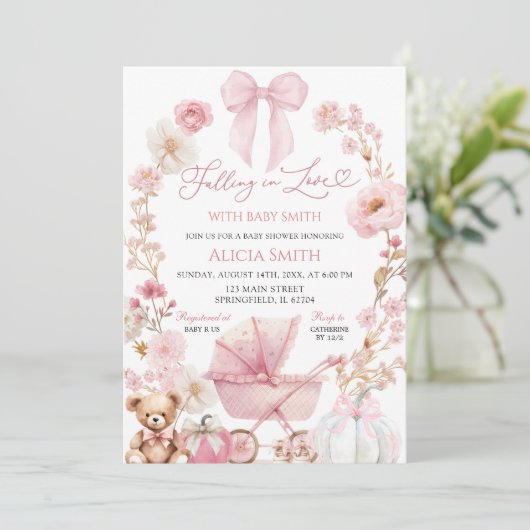 Roze Pompoen Coquette Baby Carriage Baby Shower Kaart (Staand voorkant)