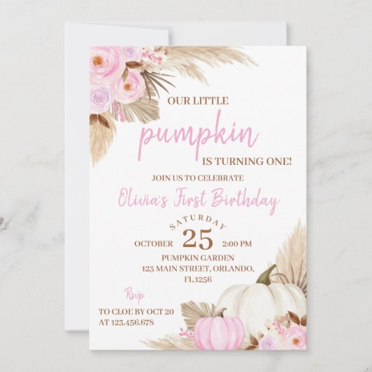 Roze pompoen draaien een verjaardag uitnodiging (Voorkant)