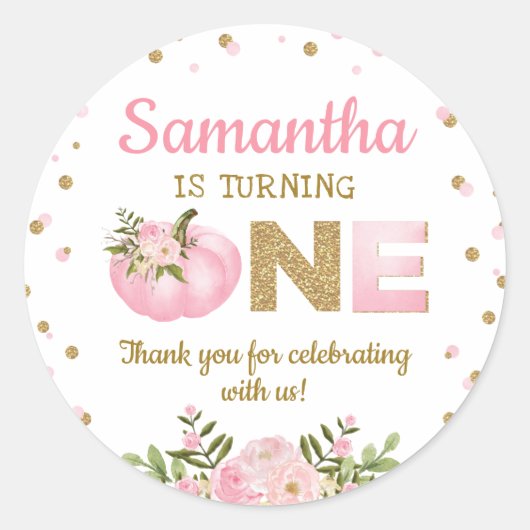 Roze Pompoen Eerste 1e Verjaardag Favorieten Bloem Ronde Sticker (Voorkant)
