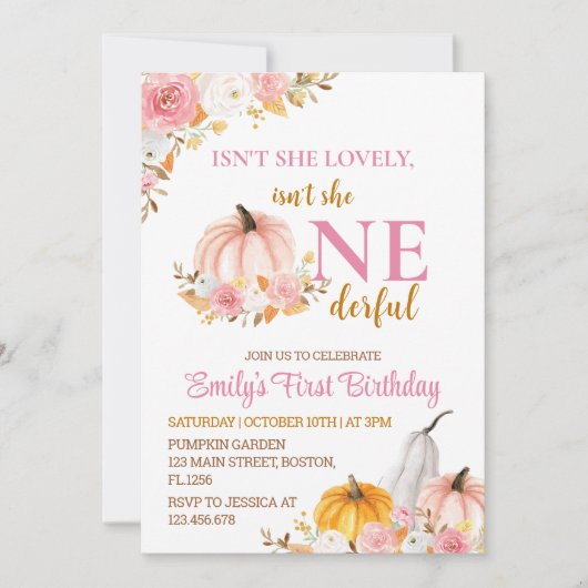 Roze pompoen eerste prachtige verjaardag uitnodigi kaart (Voorkant)