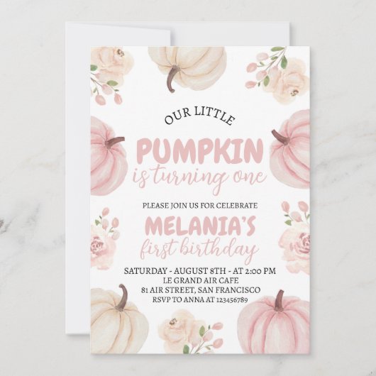 Roze pompoen eerste verjaardag uitnodiging (Voorkant)