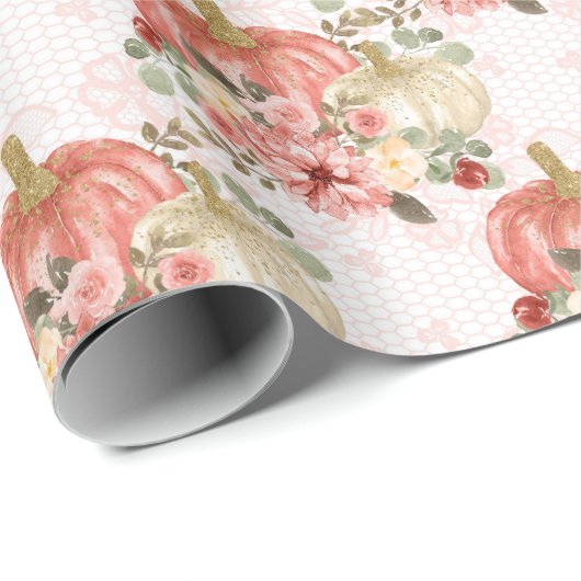 Roze pompoen en bloemen cadeau gunst cadeaupapier (Rol Hoek)