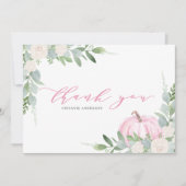 Roze pompoen en groen Herfst Baby shower Bedankkaart (Voorkant)