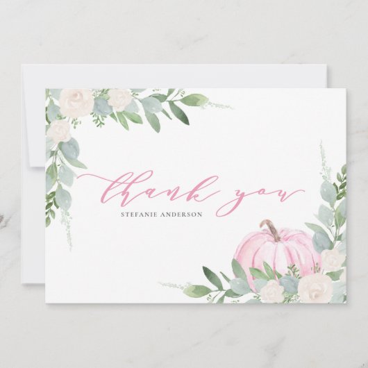 Roze pompoen en groen Herfst Baby shower Bedankkaart (Voorkant)