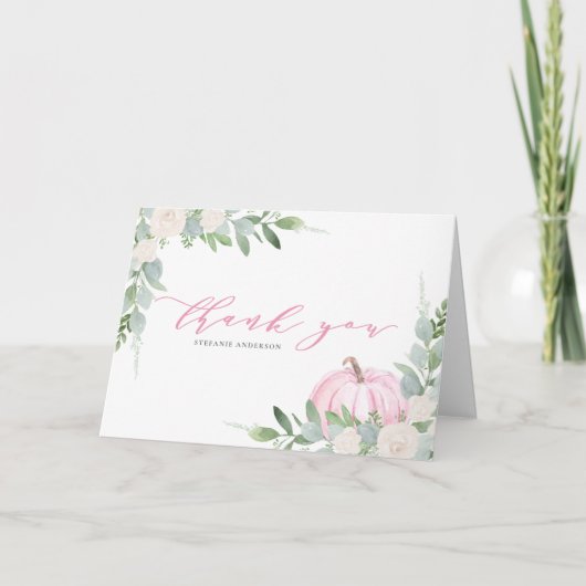 Roze pompoen en groen Herfst Baby shower Bedankkaart (Voorkant)