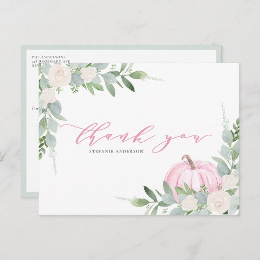 Roze pompoen en groen Herfst Dank u Briefkaart (Voorkant / Achterkant)