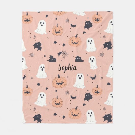 Roze Pompoen Ghost Bat Custom Naam Halloween Fleece Deken (Voorkant)