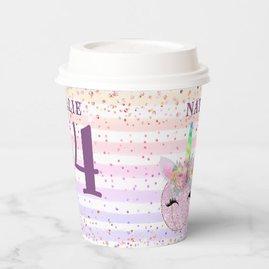 Roze pompoen glitter eenhoorn vierde verjaardag papieren bekers (Links)