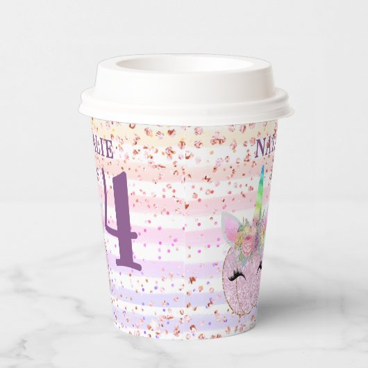 Roze pompoen glitter eenhoorn vierde verjaardag papieren bekers (Rechts)