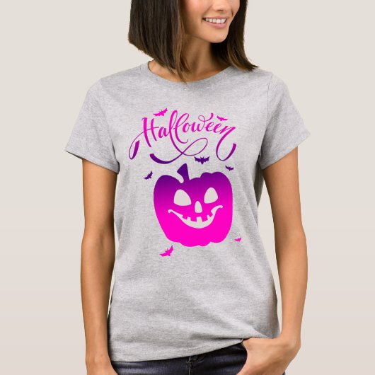 Roze Pompoen Grappig Gezicht Halloween T-shirt (Voorkant)